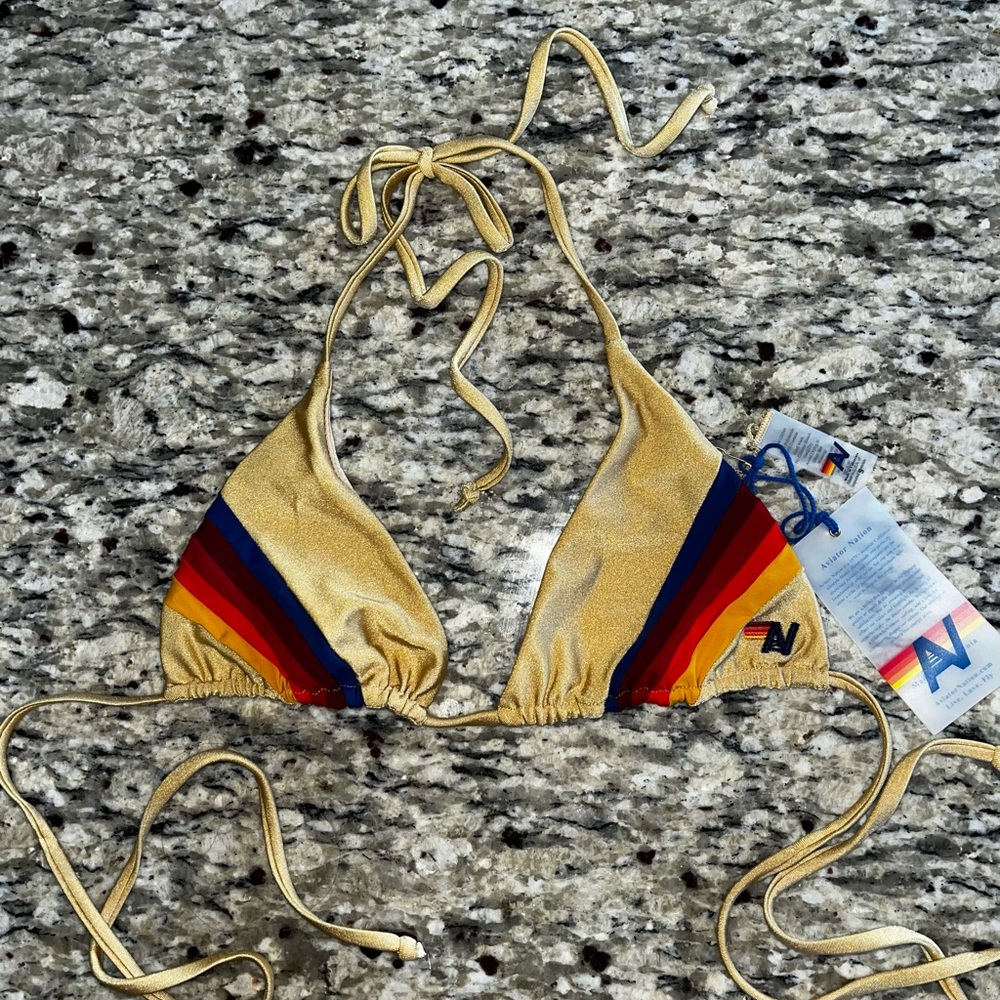 Aviator Nation 5 stripe Shimmer Gold Bikini Set